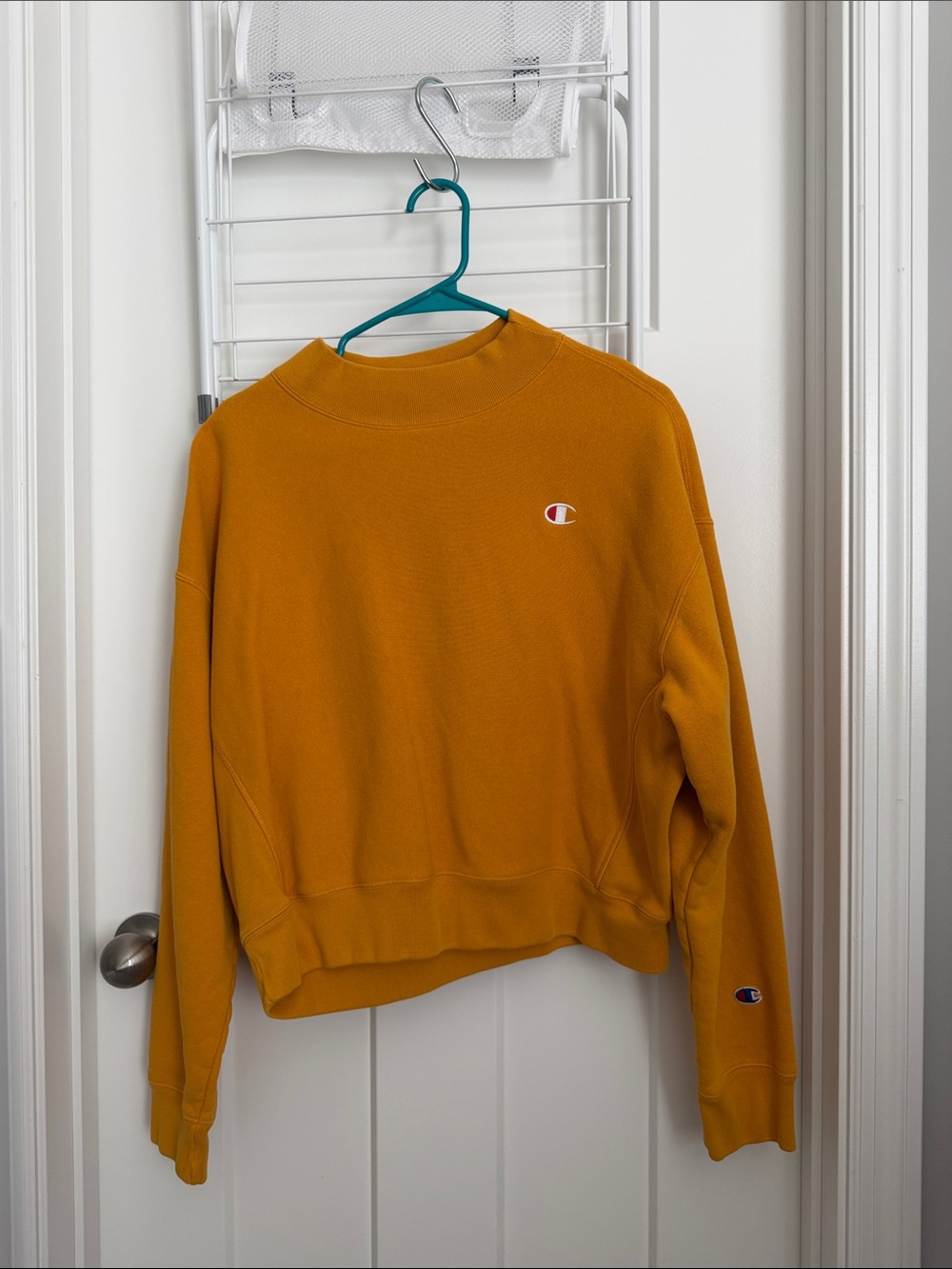 Champion Women's Mustard Yellow Mock Neck Crewneck Sweatshirt w/Embroidered Logo
